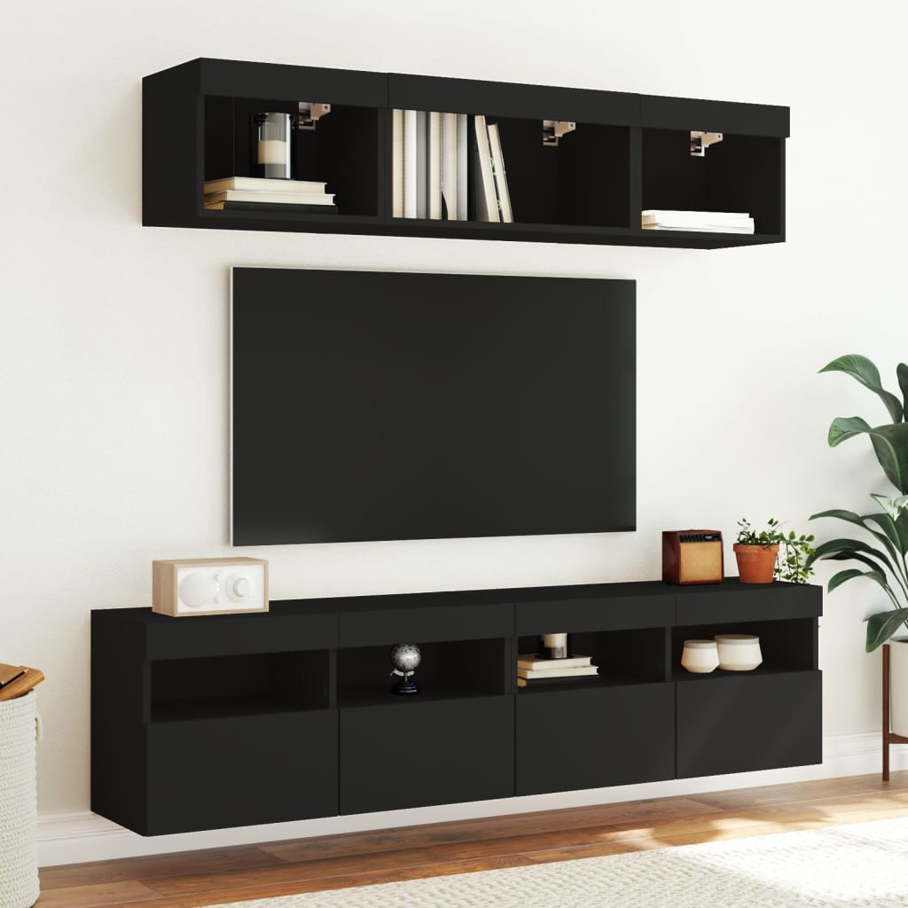 vidaXL Muebles de TV de pared con LED 5 pzas madera ingeniería negro