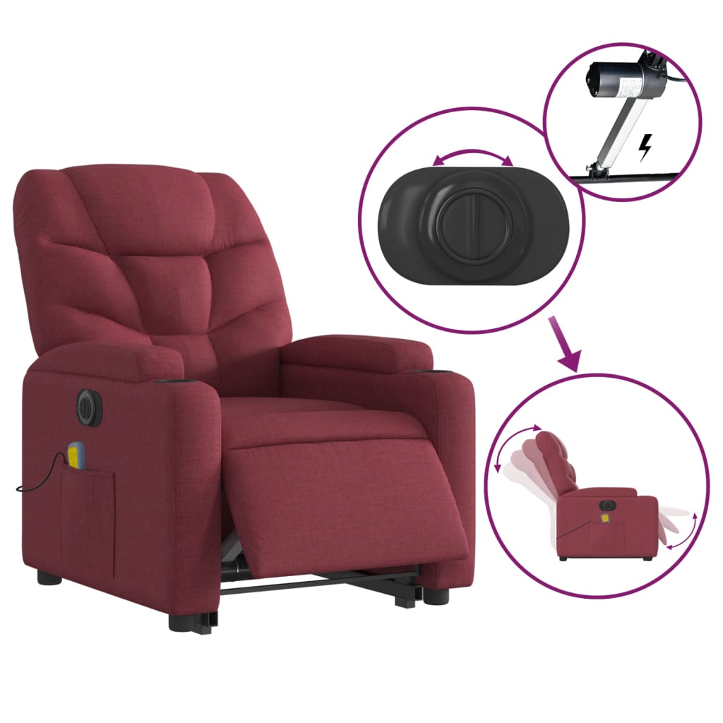 vidaXL Sillón de masaje elevable eléctrico tela rojo tinto