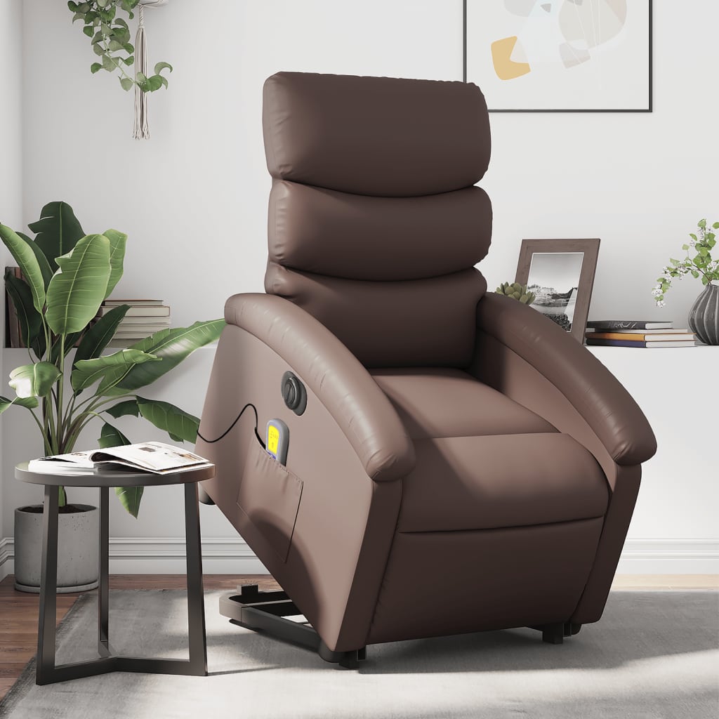 vidaXL Sillón de masaje elevable eléctrico cuero sintético marrón