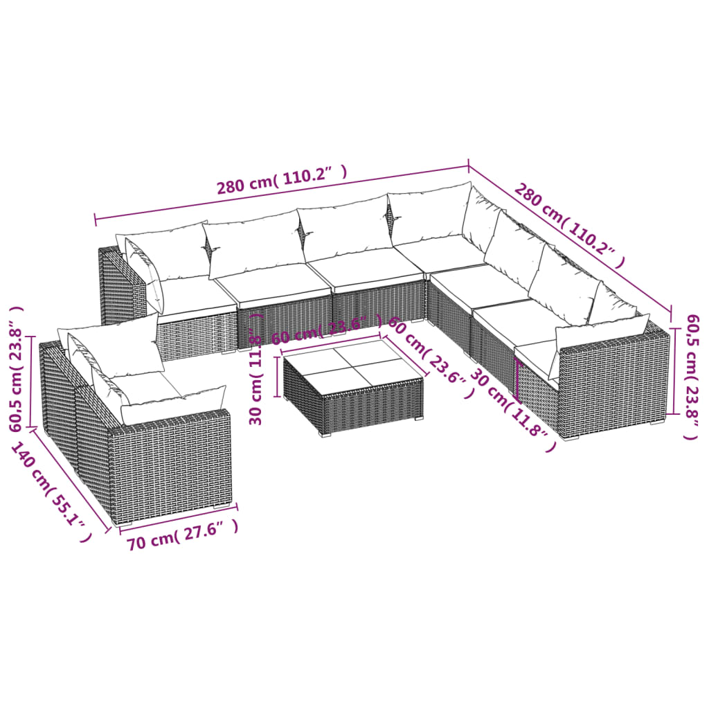 vidaXL Set de muebles de jardín 10 pzas cojines ratán sintético negro