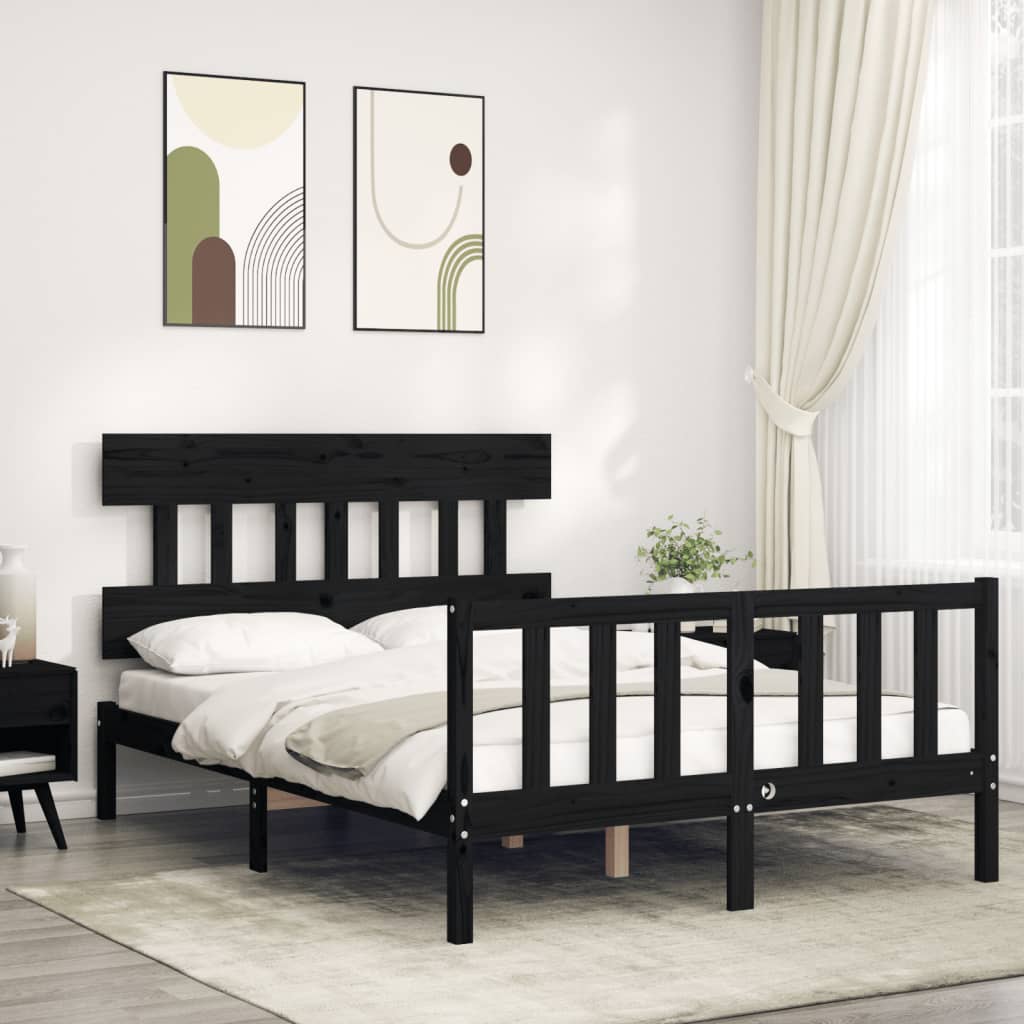 vidaXL Estructura cama de matrimonio con cabecero madera maciza negra