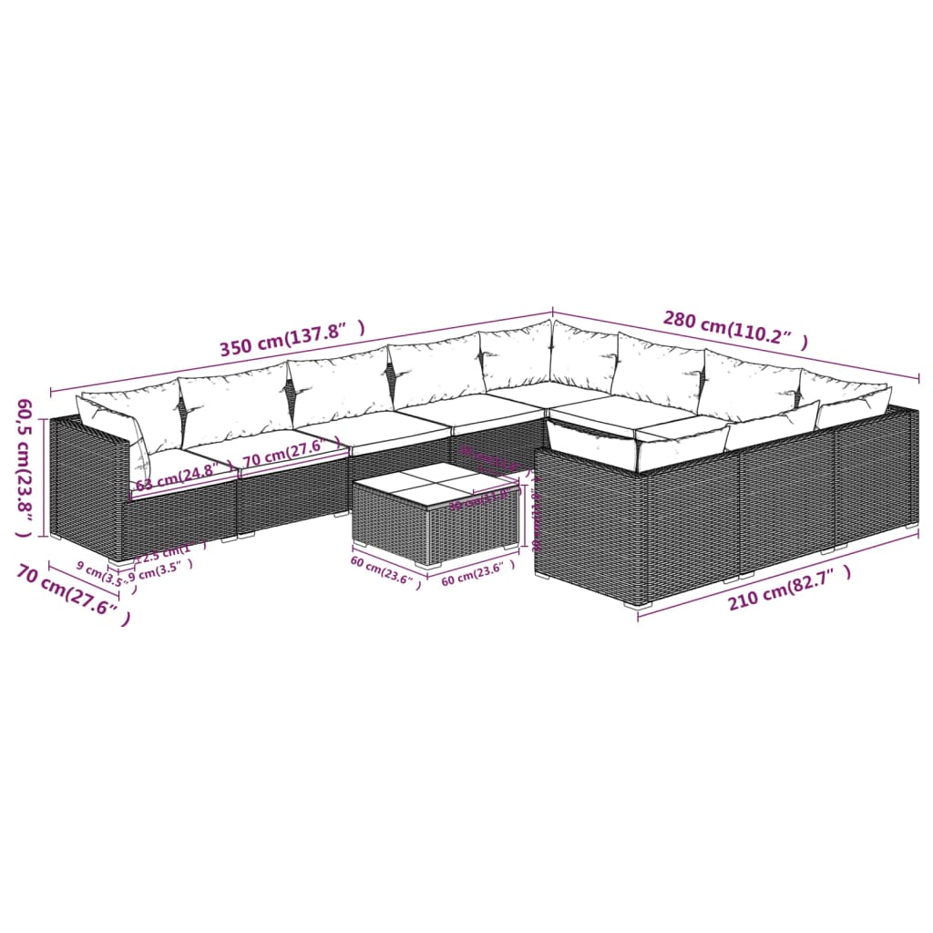 vidaXL Set de muebles de jardín 11 pzas y cojines ratán sintético gris