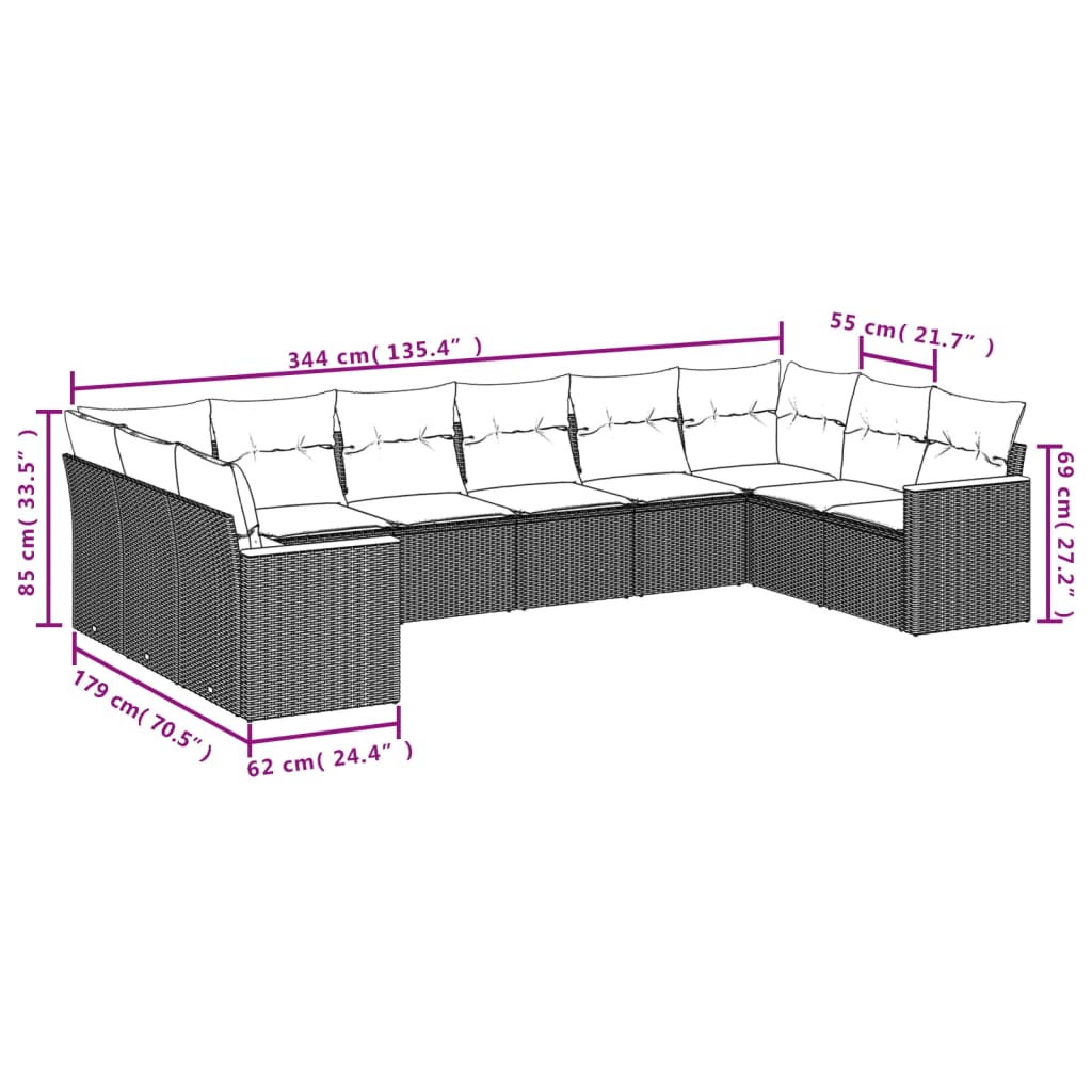 vidaXL Set de sofás de jardín 10 pzas cojines ratán sintético negro