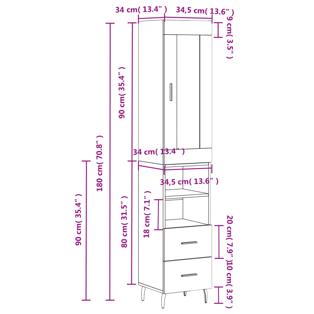 vidaXL Aparador alto madera contrachapada roble marrón 34,5x34x180 cm