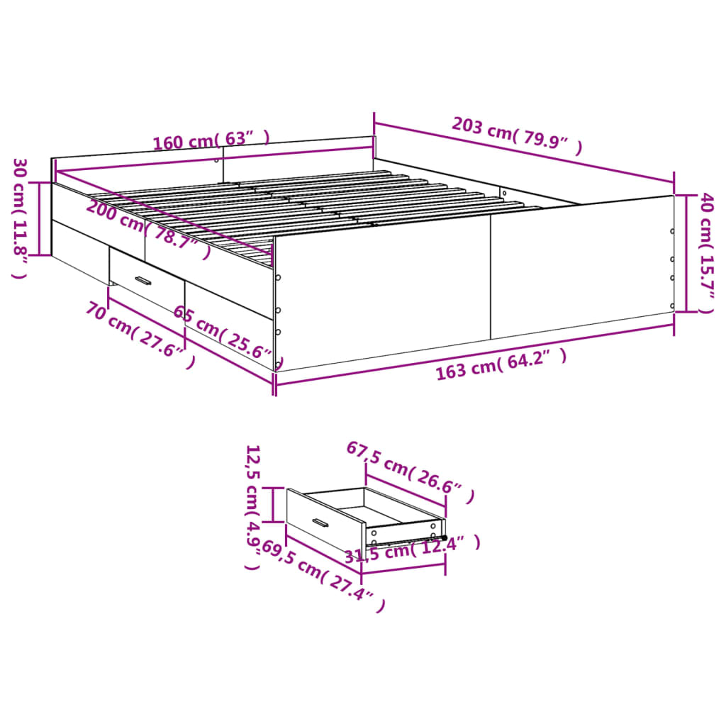 vidaXL Cama con cajones madera ingeniería roble Sonoma 160x200 cm