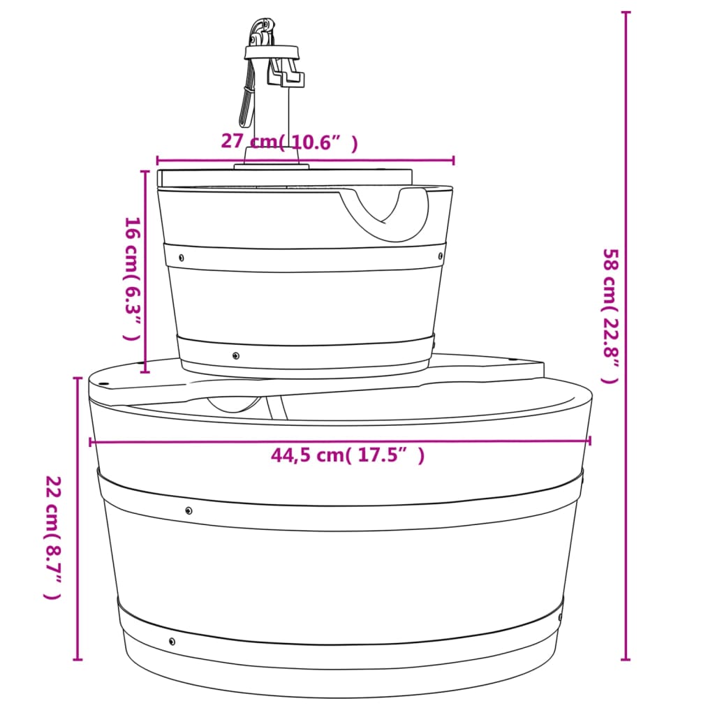 vidaXL Fuente de agua con bomba madera maciza de abeto 44,5x44,5x58 cm