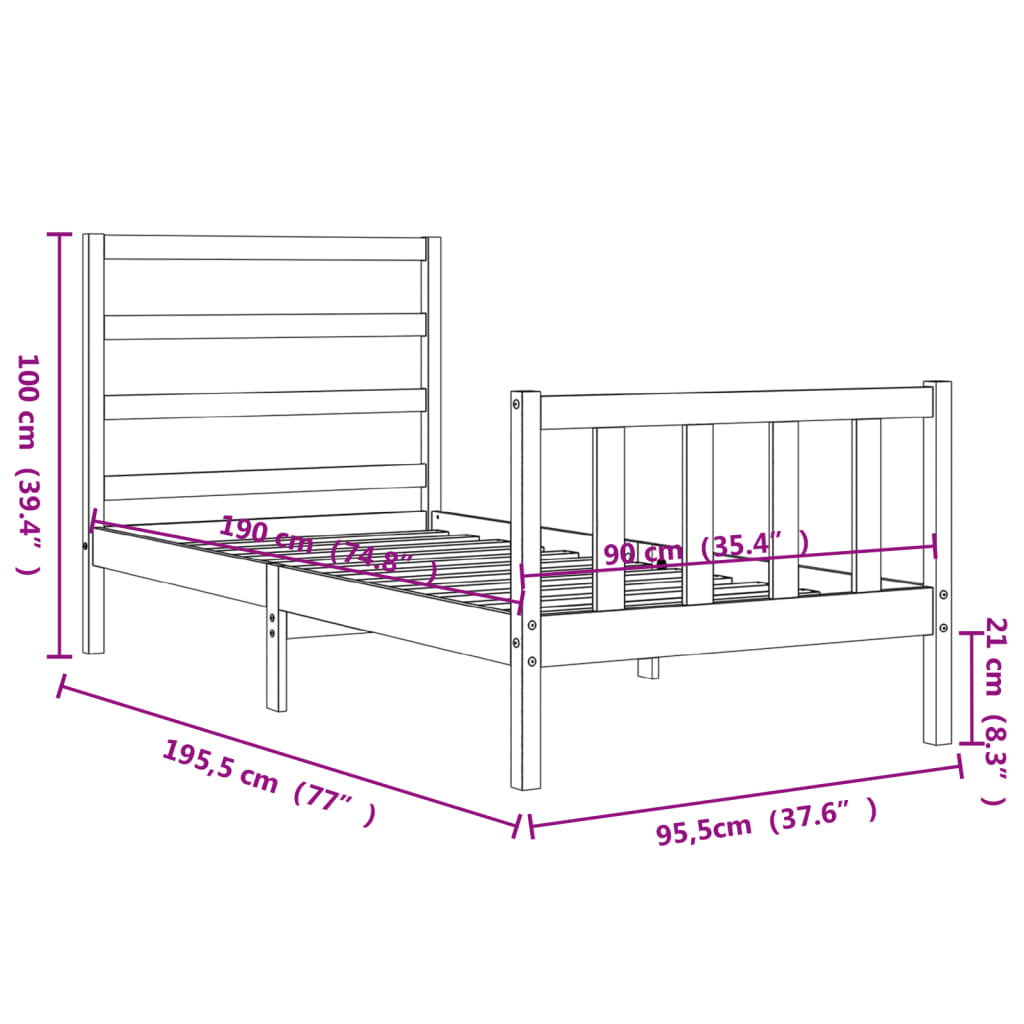 vidaXL Estructura de cama con cabecero madera maciza 90x190 cm