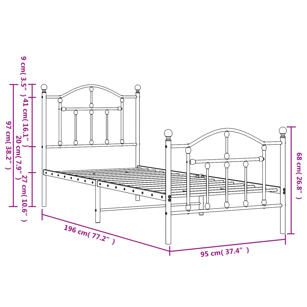 vidaXL Estructura de cama con cabecero y estribo metal negro 90x190 cm