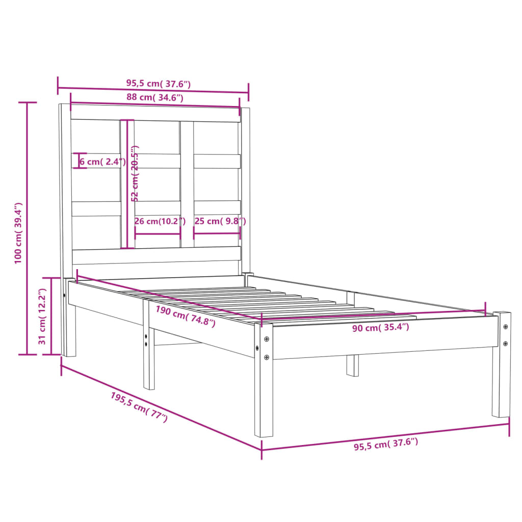 vidaXL Estructura de cama individual madera maciza negra 90x190 cm