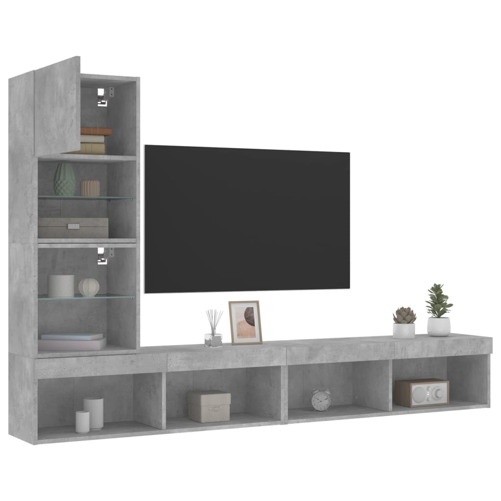 vidaXL Muebles TV pared con LED 4 pzas madera ingeniería gris hormigón