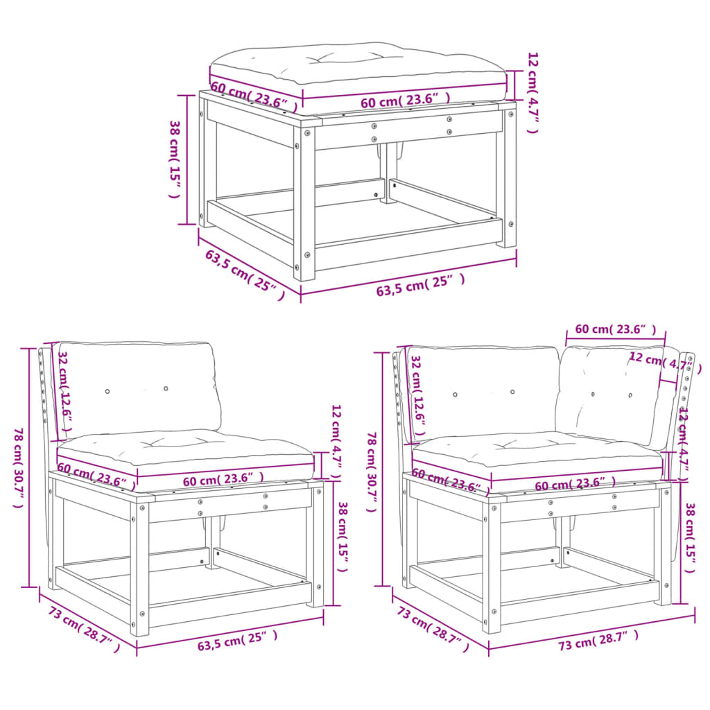 vidaXL Set muebles jardín 7 pzas con cojines madera maciza pino blanco