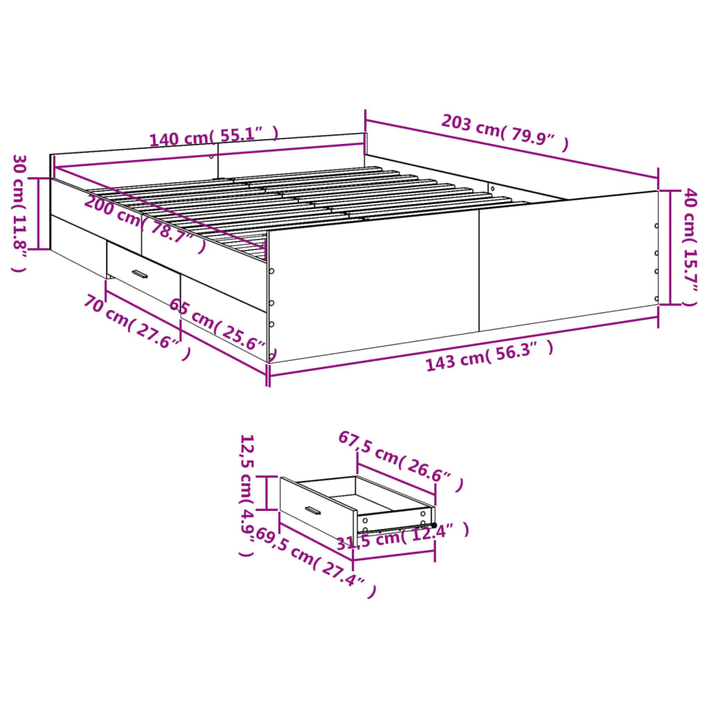 vidaXL Cama con cajones madera ingeniería gris hormigón 140x200 cm