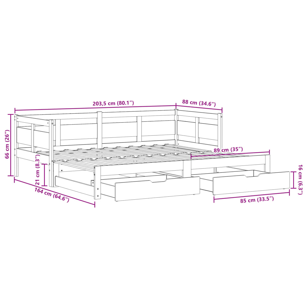 vidaXL Sofá cama nido con cajones madera maciza pino blanca 80x200 cm