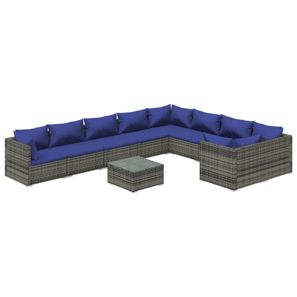 vidaXL Set de muebles de jardín 10 pzas y cojines ratán sintético gris