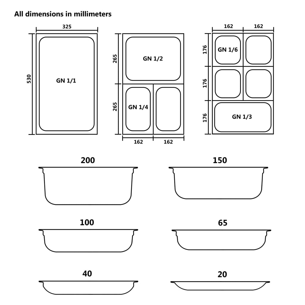 vidaXL Bandejas Gastronorm 8 unidades GN 1/2 40 mm acero inoxidable