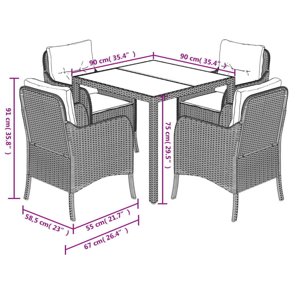 vidaXL Set comedor de jardín 5 piezas con cojines ratán sintético gris