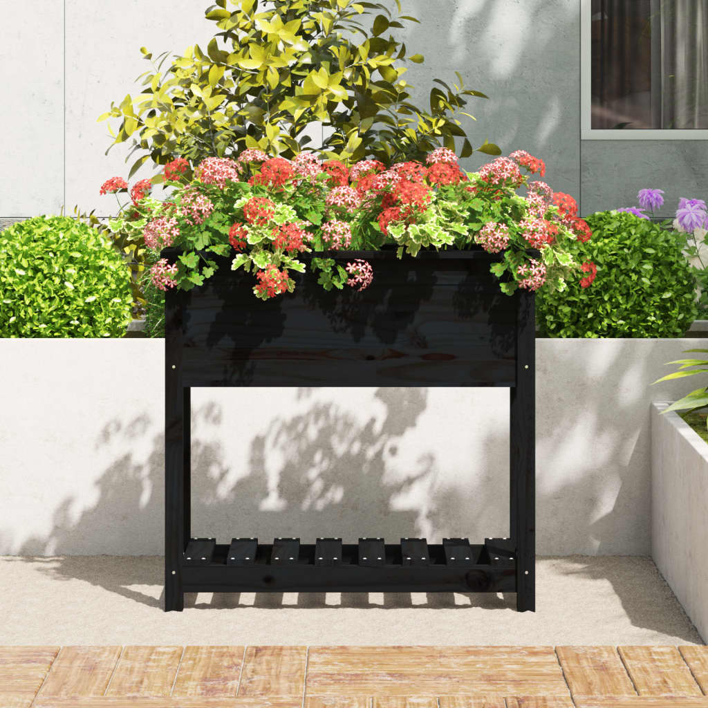 vidaXL Jardinera con estante madera maciza pino negro 82,5x34,5x81 cm