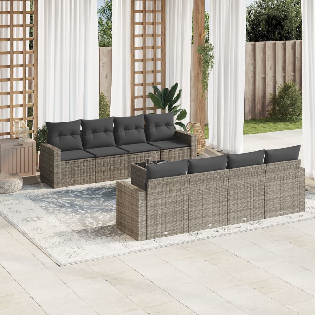 vidaXL Set de muebles de jardín 9 pzas y cojines ratán sintético gris