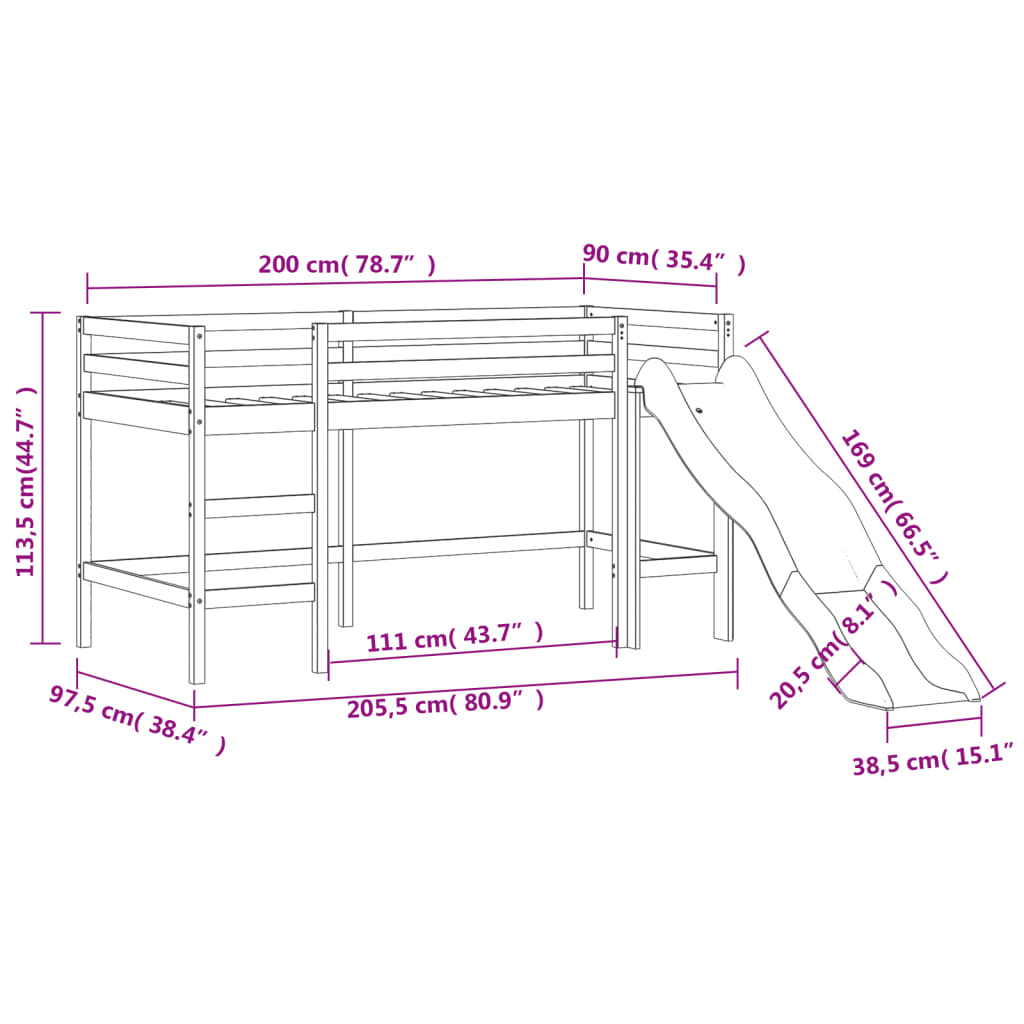 vidaXL Cama alta para niños con tobogán madera maciza pino 90x200 cm