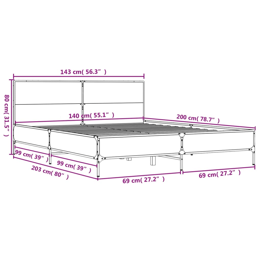 vidaXL Estructura cama madera ingeniería metal roble ahumado 140x200cm