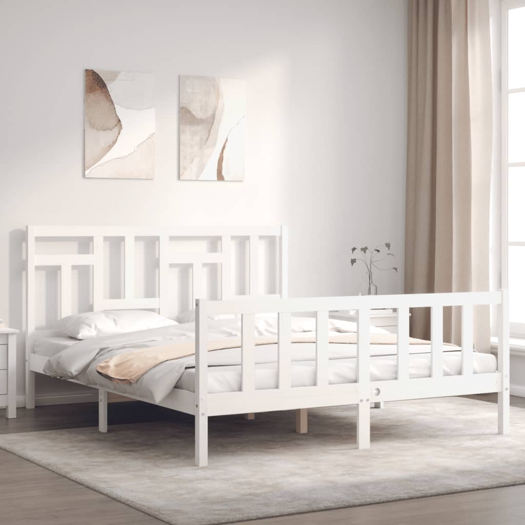 vidaXL Estructura de cama matrimonio con cabecero madera maciza blanco