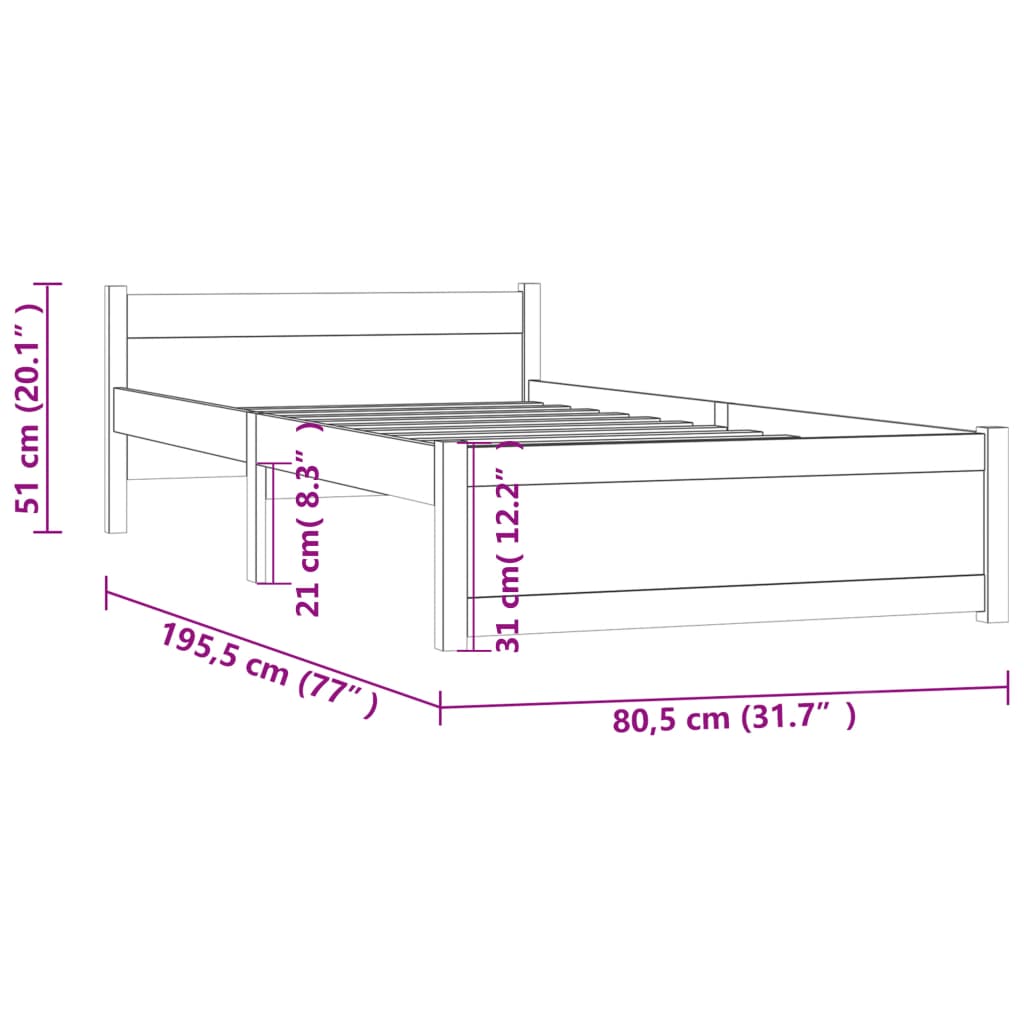 vidaXL Estructura de cama madera maciza marrón miel 75x190 cm