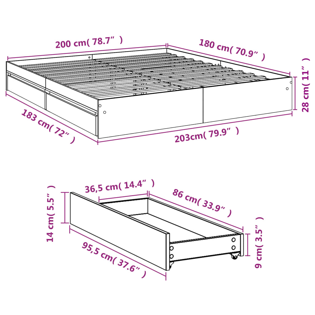 vidaXL Cama con cajones madera de ingeniería roble ahumado 180x200 cm