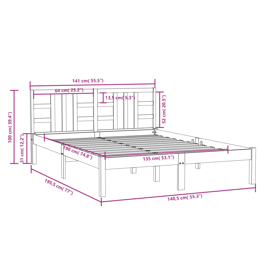 vidaXL Estructura de cama doble madera maciza negra 135x190 cm