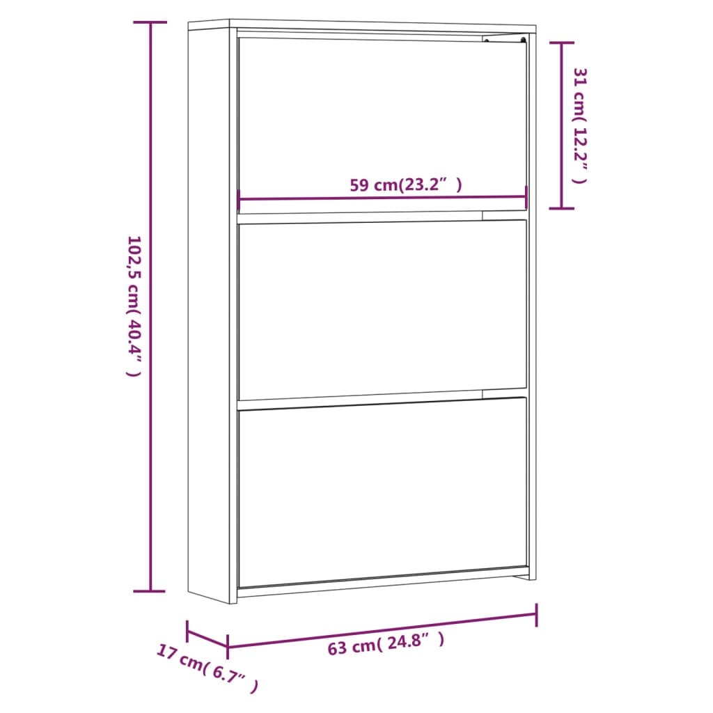 vidaXL Mueble zapatero 3 compartimentos espejo roble 63x17x102,5 cm