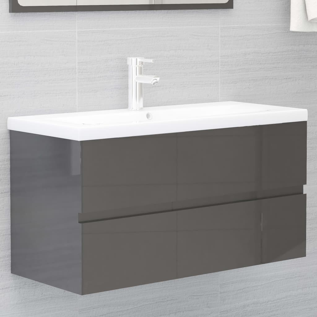 vidaXL Set muebles de baño 2 piezas madera contrachapada gris brillo