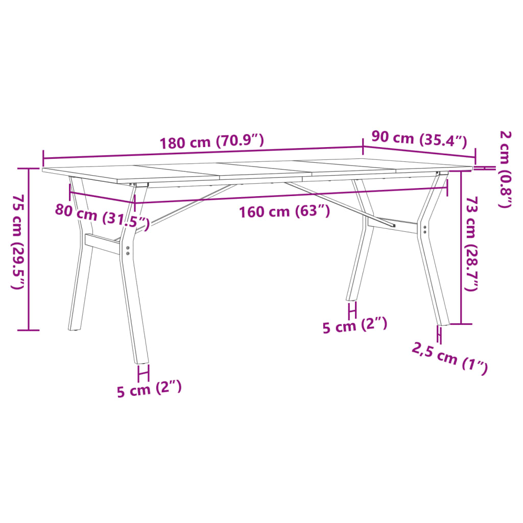 vidaXL Mesa de comedor marco Y madera maciza pino y hierro 180x90x75cm