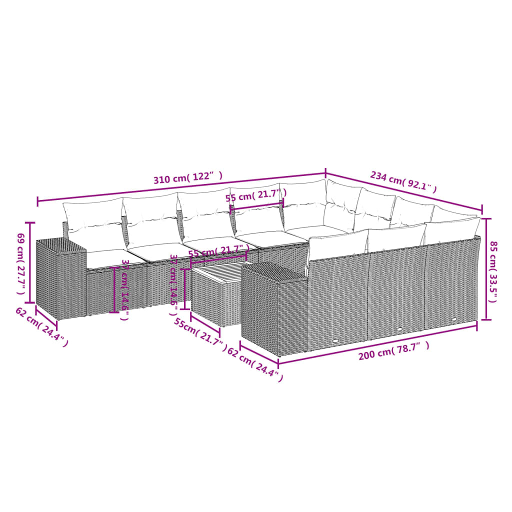 vidaXL Set de sofás de jardín 11pzas con cojines ratán sintético beige