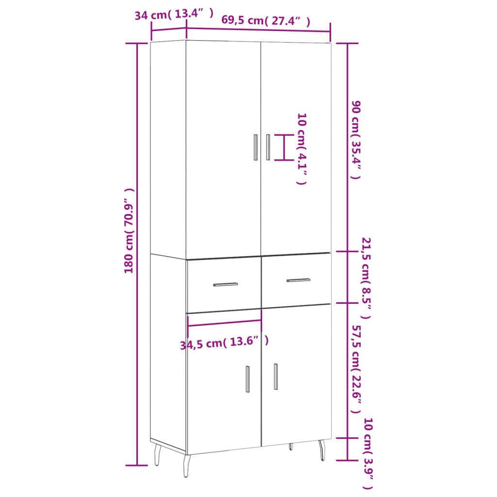 vidaXL Aparador alto madera contrachapada roble ahumado 69,5x34x180 cm