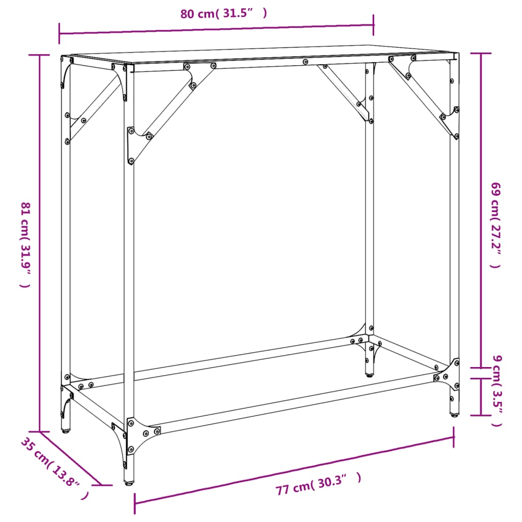 vidaXL Mesa consola con superficie de vidrio negro acero 60x35x81 cm