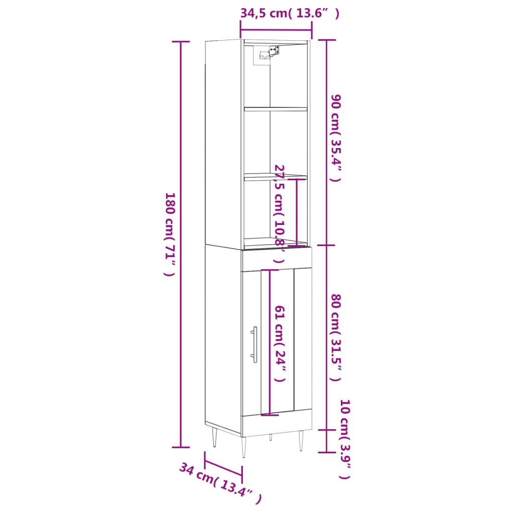 vidaXL Aparador alto madera contrachapada blanco 34,5x34x180 cm