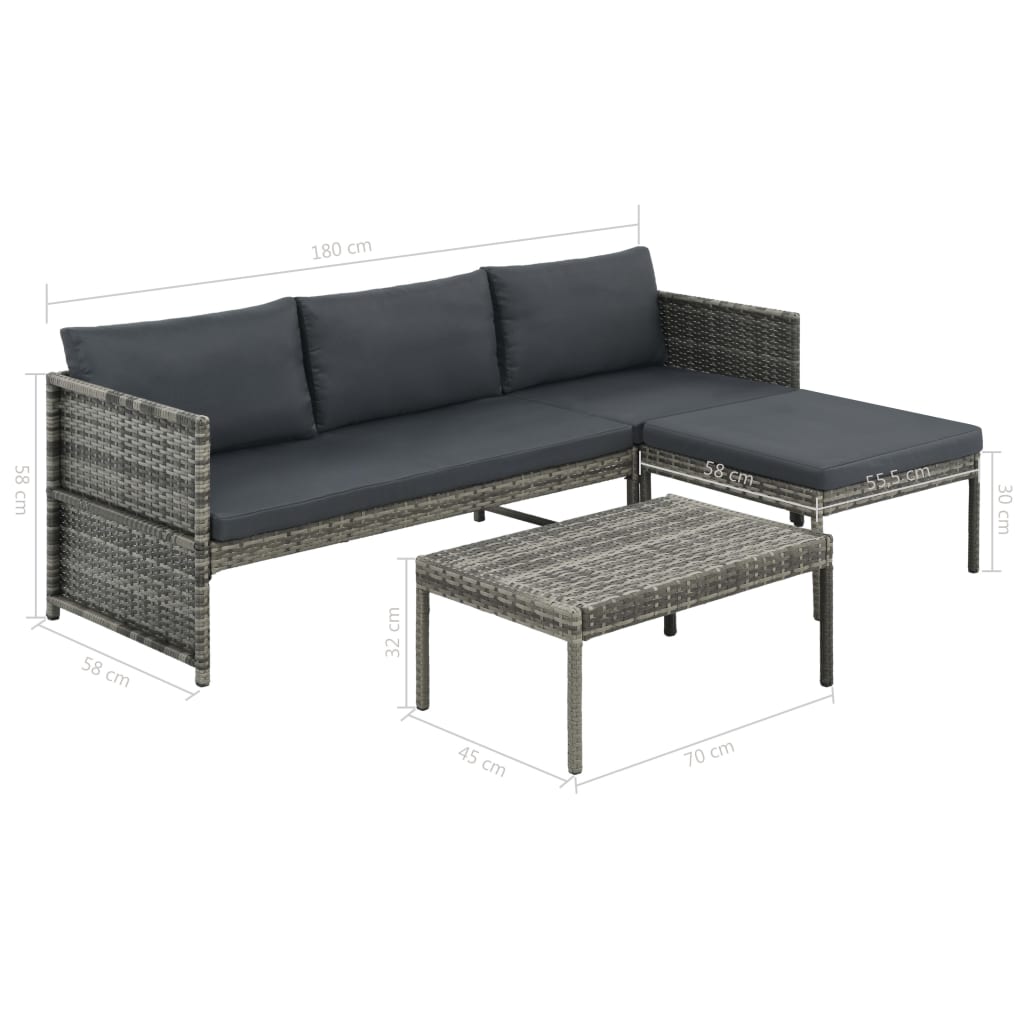 vidaXL Set muebles de jardín 3 piezas con cojines ratán sintético gris