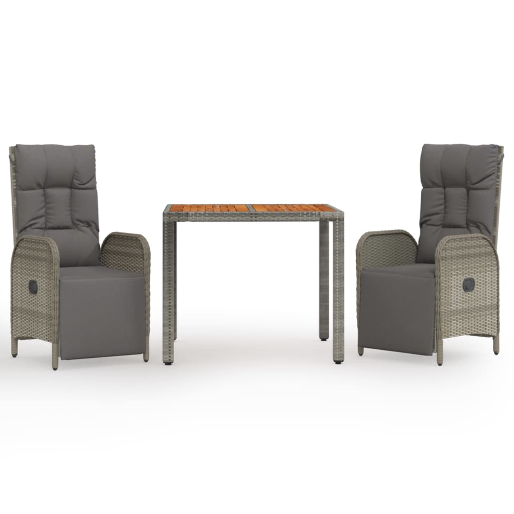 vidaXL Set comedor de jardín 3 piezas con cojines ratán sintético gris