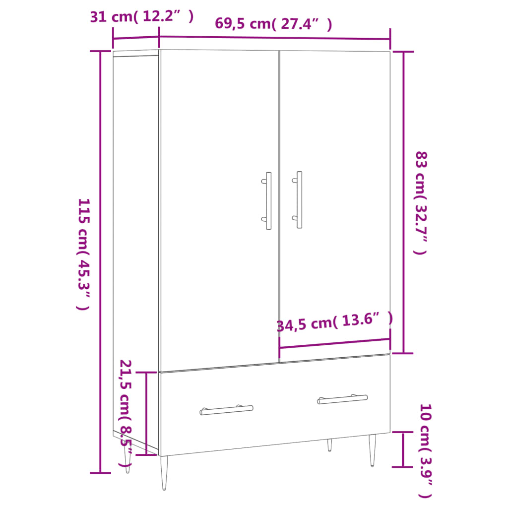 vidaXL Aparador alto madera de ingeniería gris Sonoma 69,5x31x115 cm