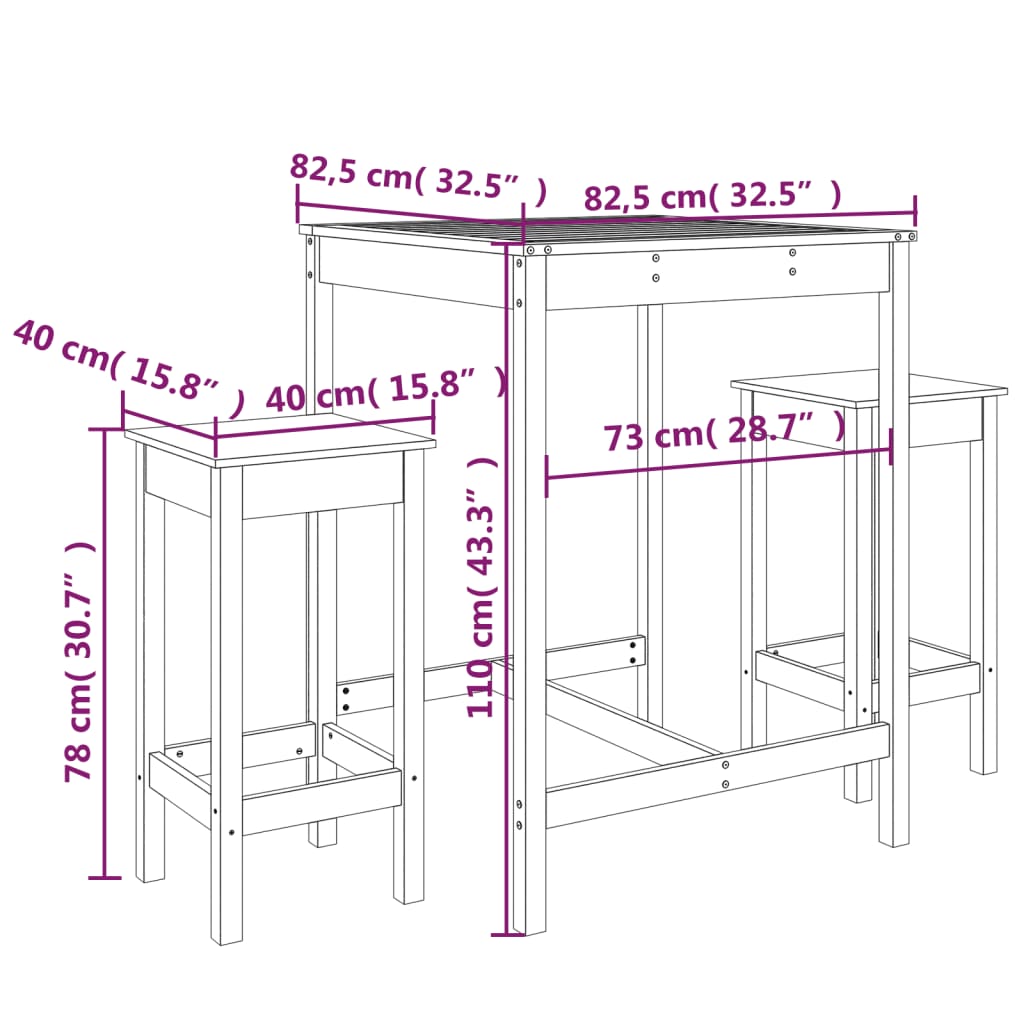 vidaXL Set de mesa y taburetes altos jardín 3 piezas madera pino gris