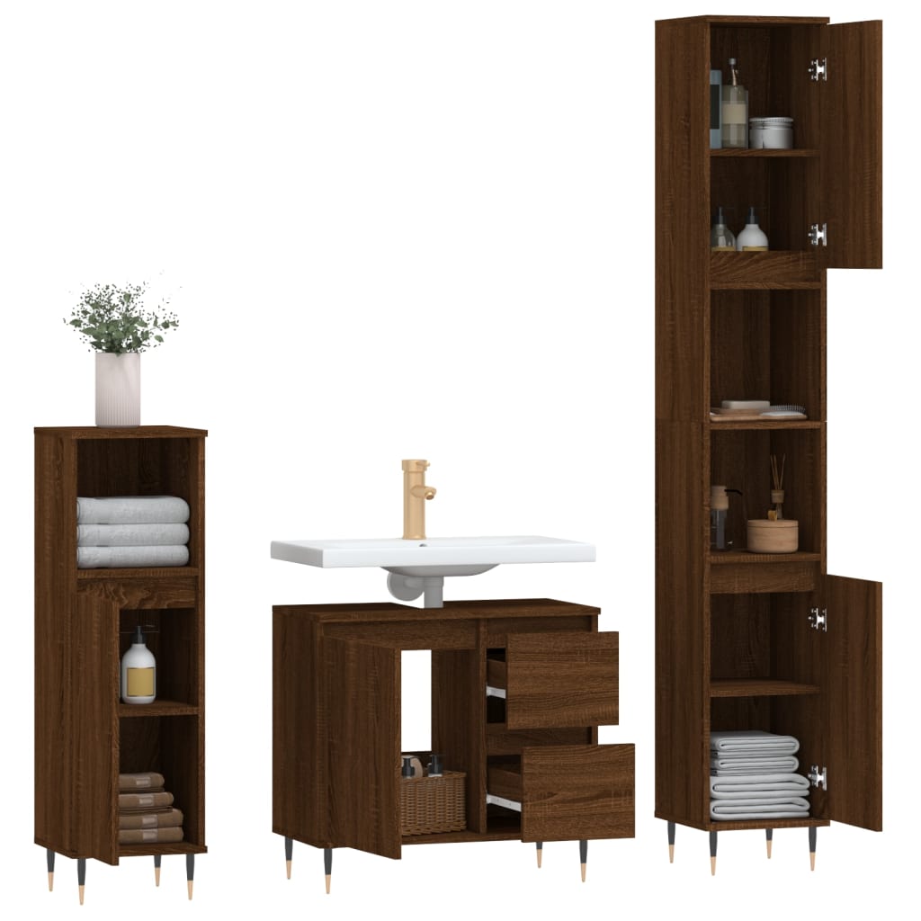 vidaXL Set de muebles baño 3 pzas madera contrachapada roble marrón