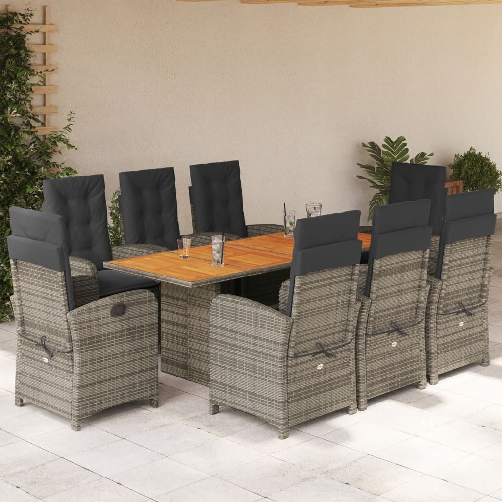 vidaXL Set comedor jardín 9 pzas y cojines ratán sintético gris