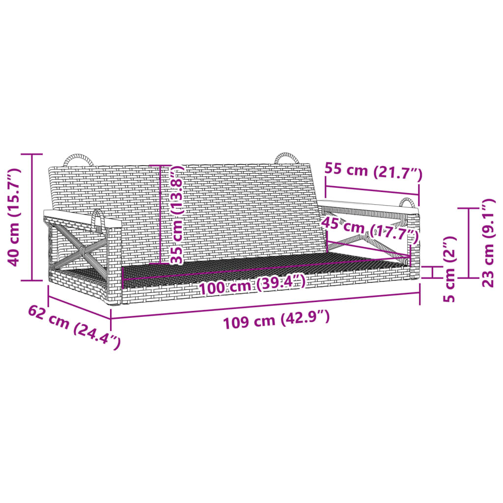 vidaXL Banco columpio de ratán sintético gris 109x62x40 cm