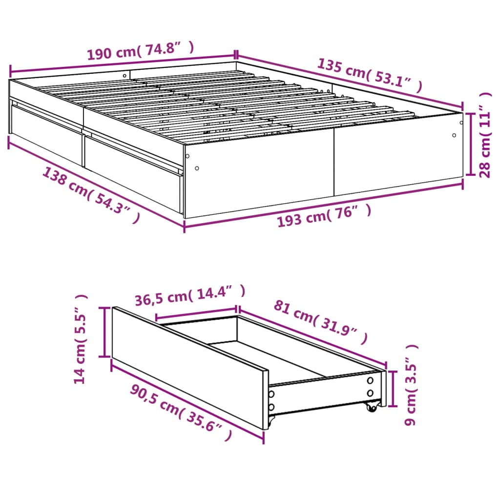 vidaXL Cama con cajones madera de ingeniería negro 135x190 cm