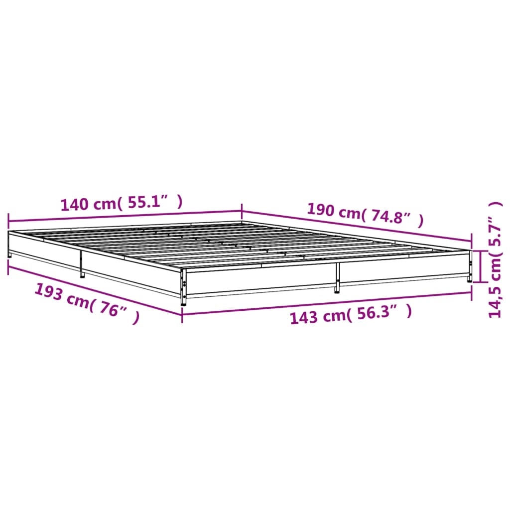 vidaXL Estructura cama madera ingeniería metal roble ahumado 140x190cm