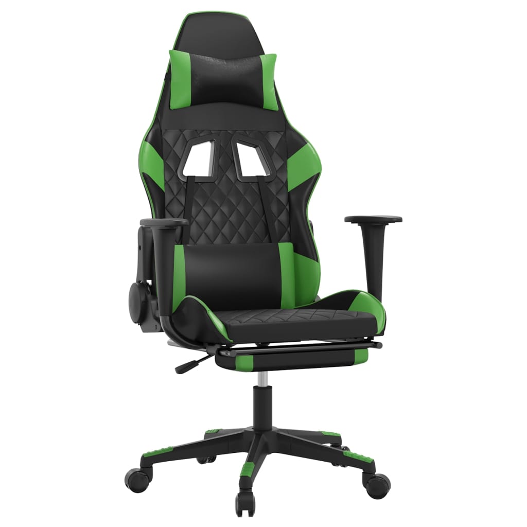 vidaXL Silla gaming de masaje y reposapiés cuero sintético negro verde