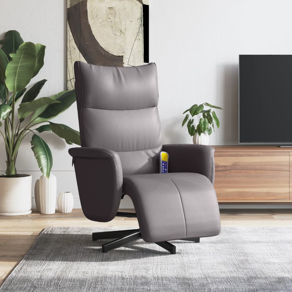 vidaXL Sillón reclinable de masaje con reposapiés cuero sintético gris