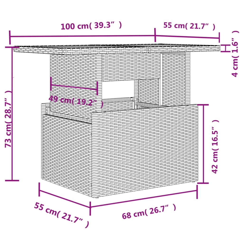 vidaXL Mesa de jardín superficie vidrio ratán PE marrón 100x55x73 cm