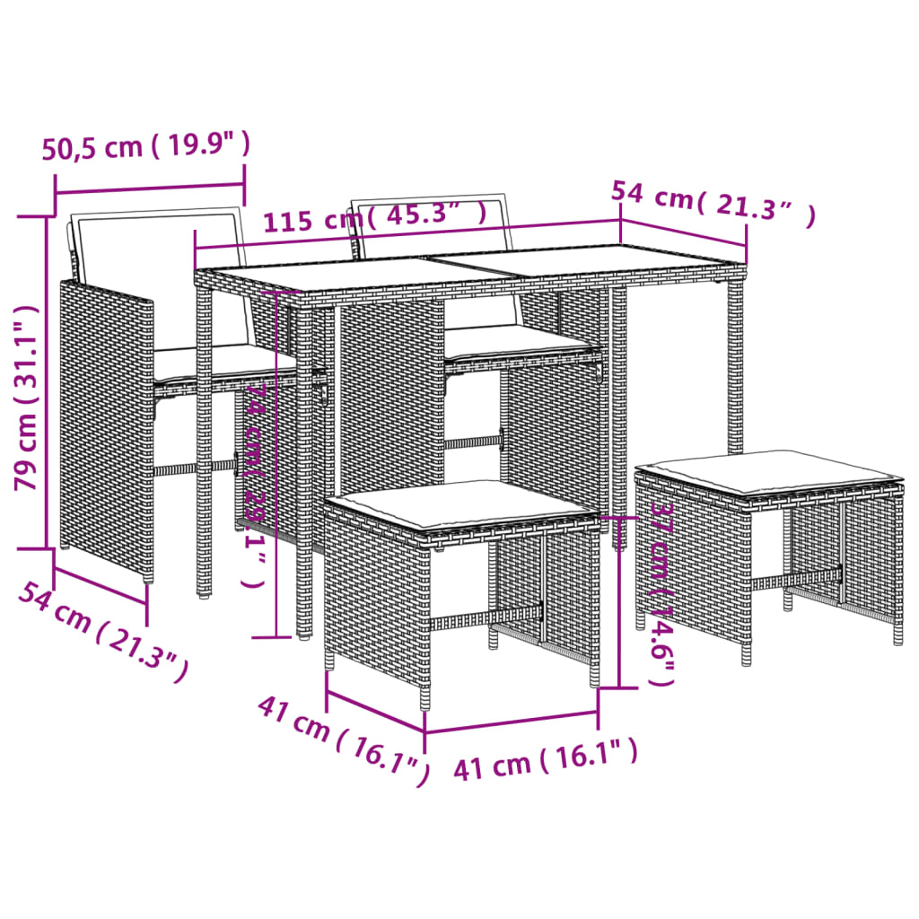 vidaXL Set comedor de jardín 5 piezas y cojines ratán sintético marrón