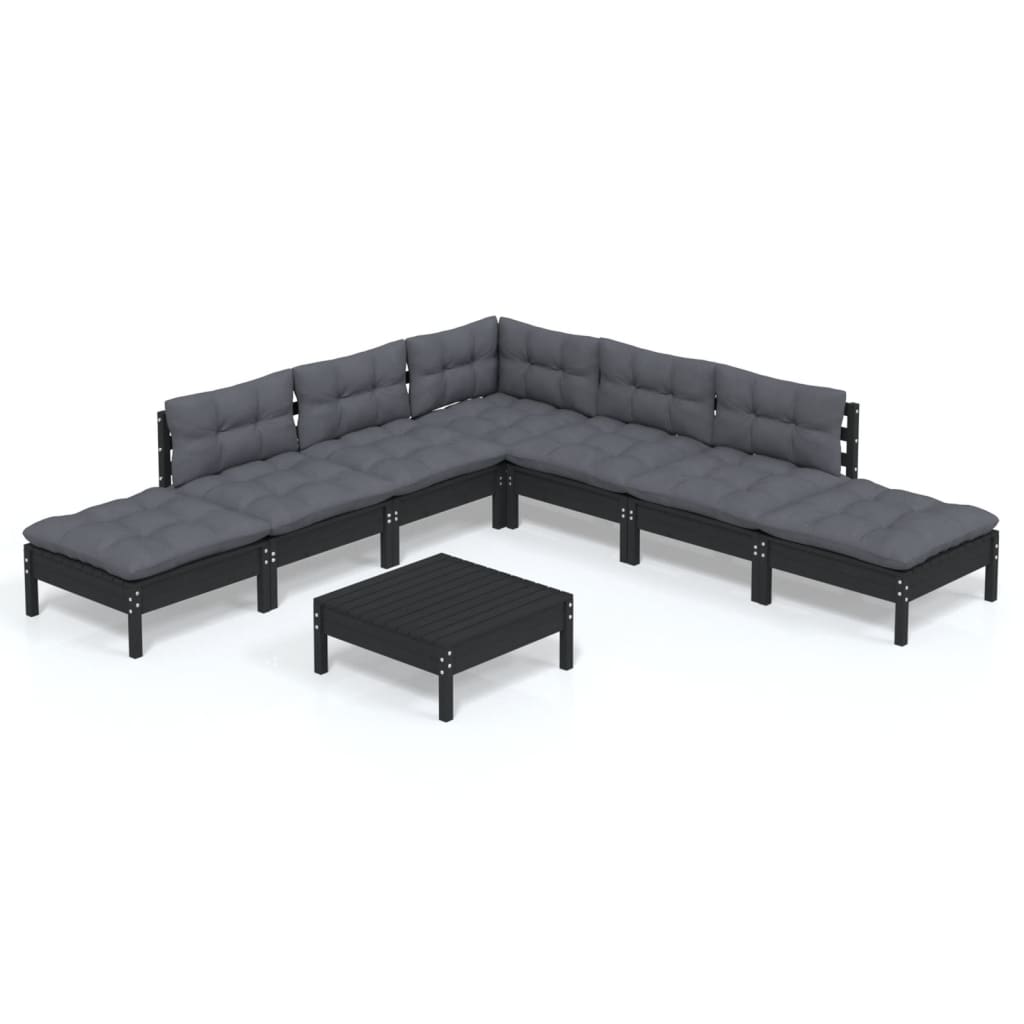 vidaXL Muebles de jardín 8 pzas con cojines negro madera de pino