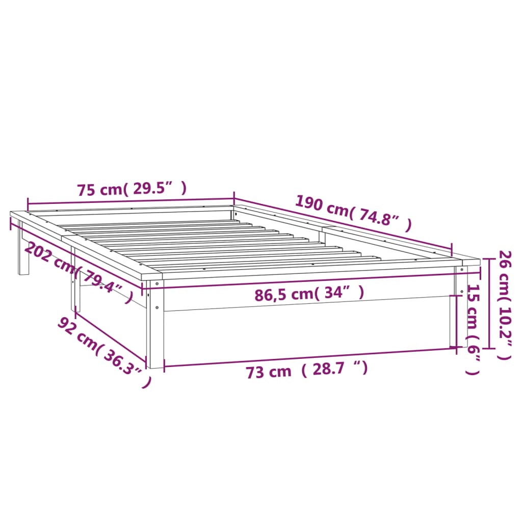 vidaXL Estructura de cama con LED madera maciza gris 75x190 cm